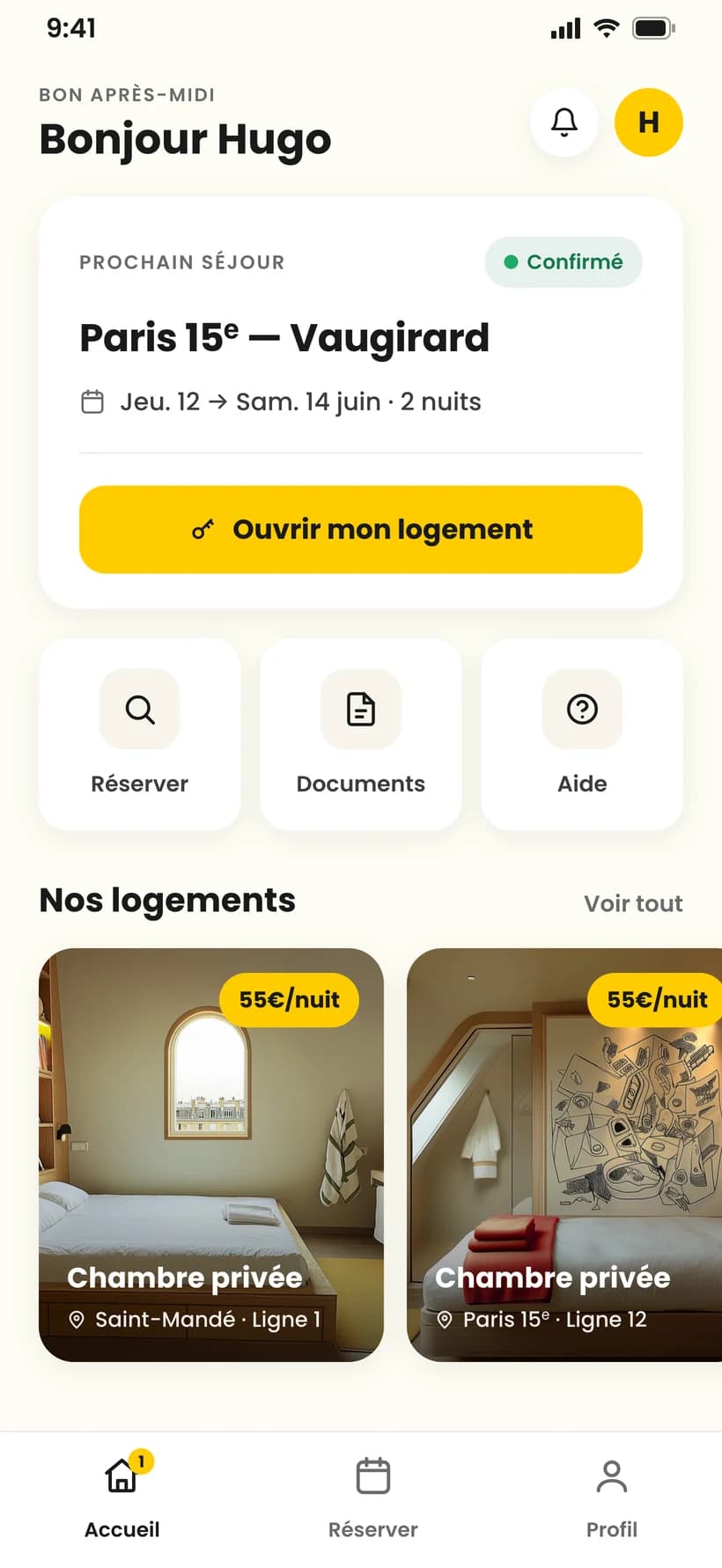 Écran d'accueil de l'application Welcome to the City : prochain séjour, accès au logement et réservation