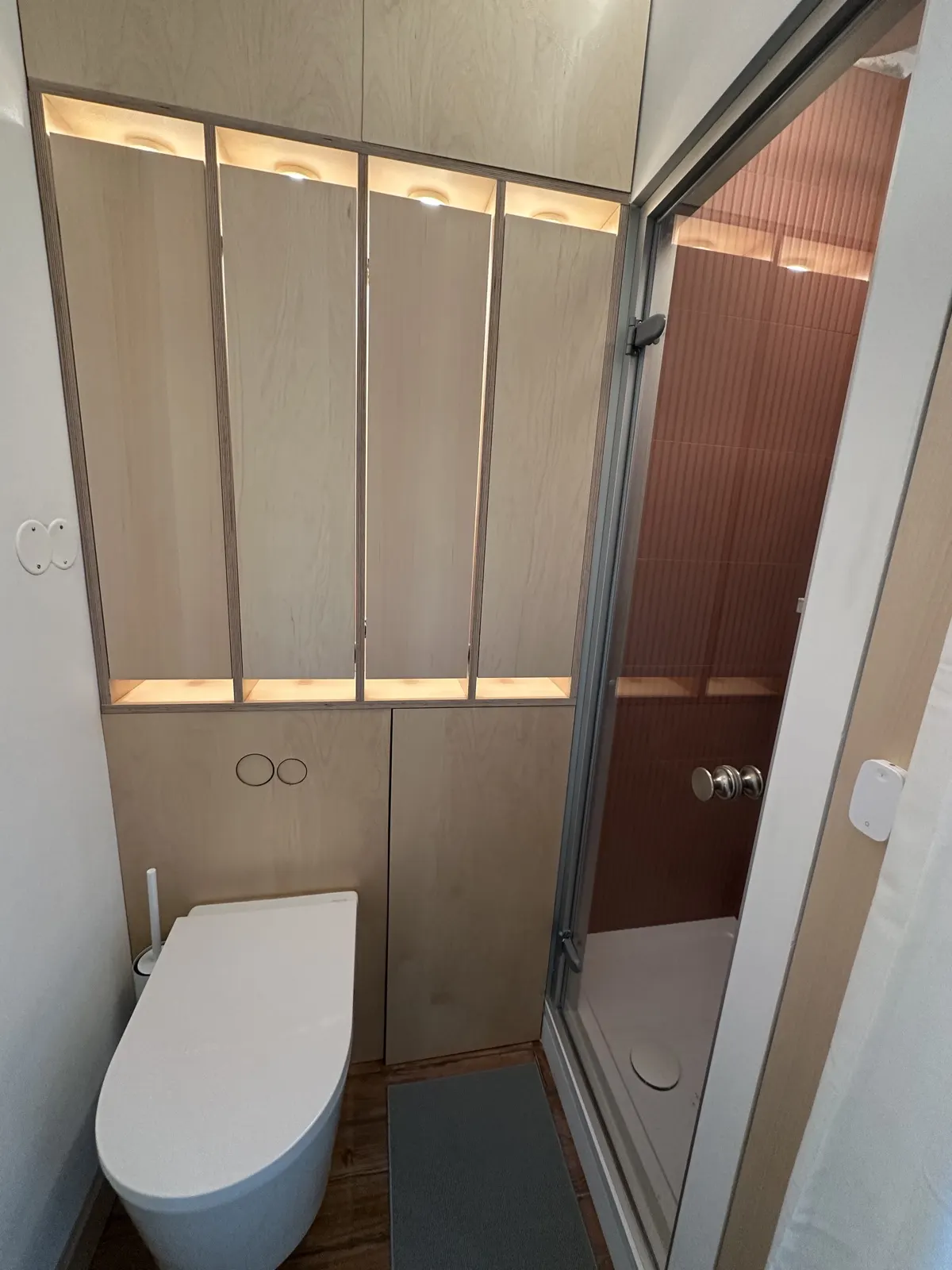Salle d'eau compacte avec WC suspendu et douche à côté d'une menuiserie en bouleau